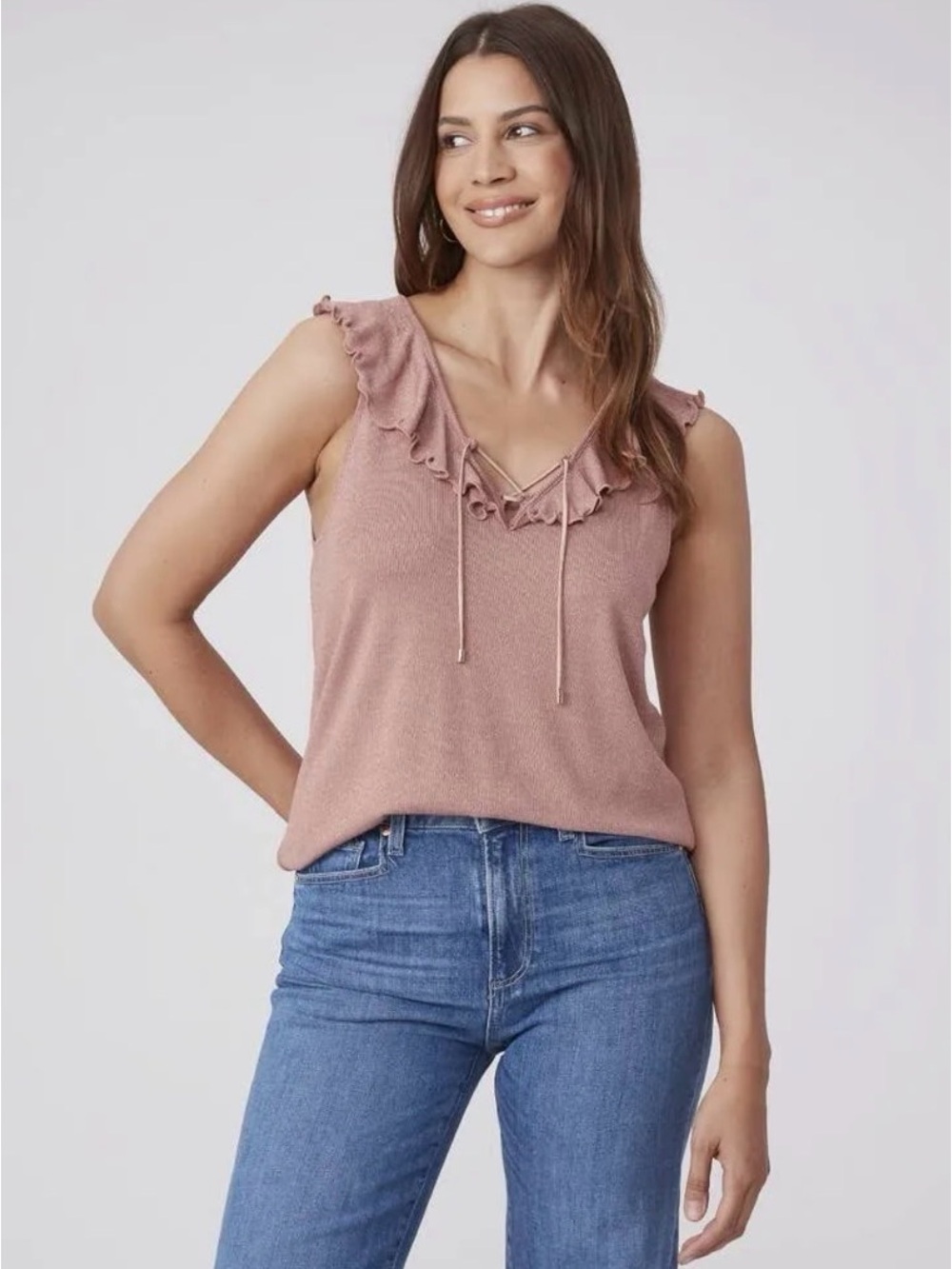 PAIGE Rainey Ruffled Knit Tank Top In Dusty Rose, XS Sparkle V-Neck Lace-up